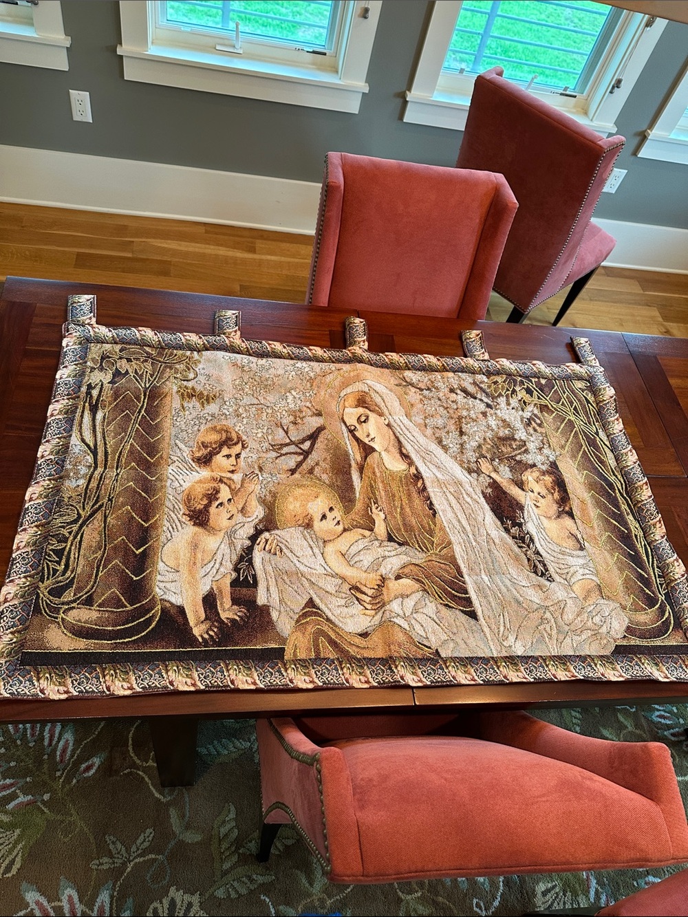 Religious Tapestry-Tache Home Decor “Christ Among The Blossom Mary & Child Jesus